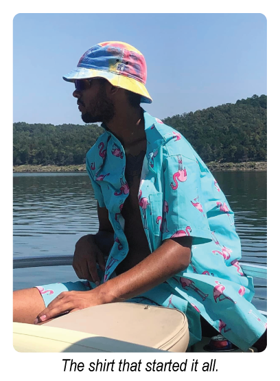 Otis sitting by a lake wearing a colorful flamingo shirt, with text 'The shirt that started it all.'