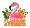Logo of a pink flamingo with flowers and leaves, featuring the text 'Flamingo & Friends'.