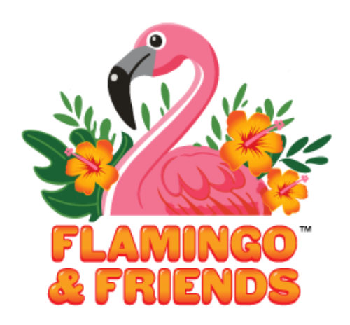 Logo of a pink flamingo with flowers and leaves, featuring the text 'Flamingo & Friends'.