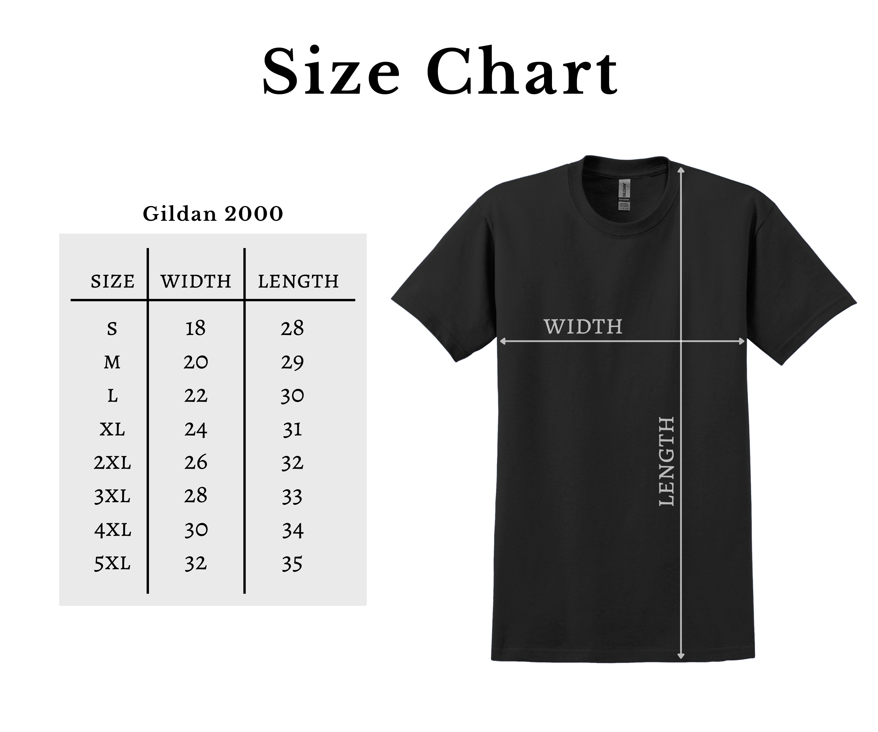 Black t-shirt with size chart on a white background