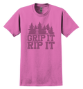 Pink t-shirt with 'Grip It and Rip It' text and a disc golf graphic design 