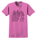 Pink t-shirt with 'Grip It and Rip It' text and a disc golf graphic design 