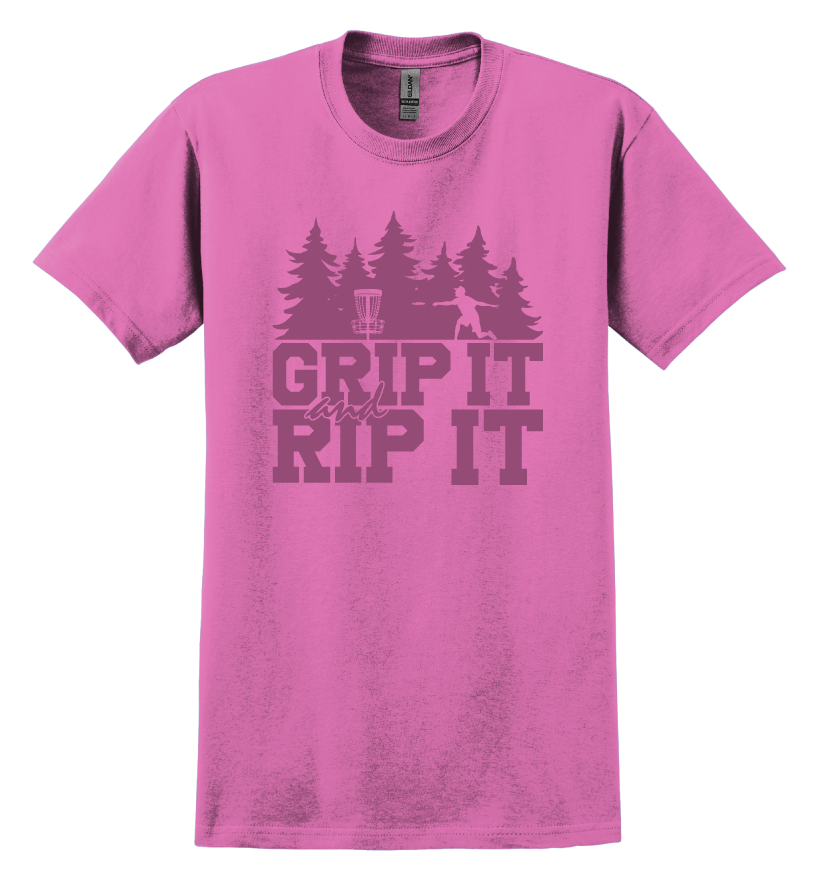 Pink t-shirt with 'Grip It and Rip It' text and a disc golf graphic design 