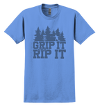 Blue t-shirt with 'Grip It and Rip It' text and a disc golf graphic design 