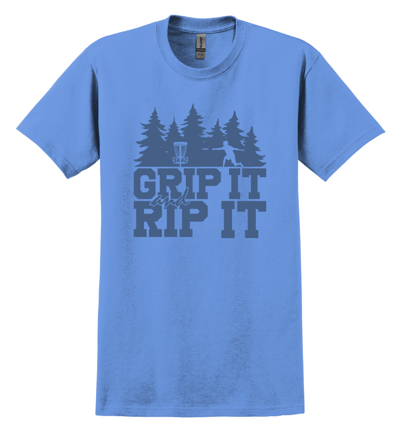 Blue t-shirt with 'Grip It and Rip It' text and a disc golf graphic design 