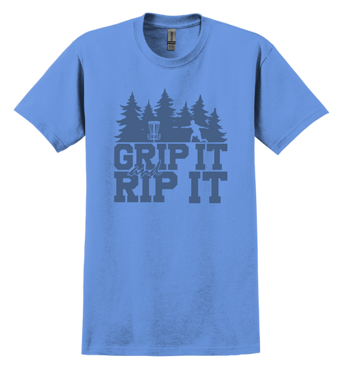 Blue t-shirt with 'Grip It and Rip It' text and a disc golf graphic design 