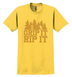 Yellow t-shirt with 'Grip It and Rip It' text and a disc golf graphic design 
