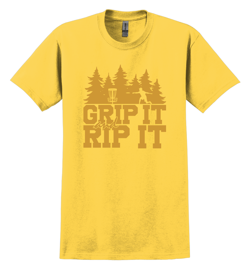 Yellow t-shirt with 'Grip It and Rip It' text and a disc golf graphic design 