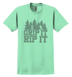 Mint green t-shirt with 'Grip It and Rip It' text and a disc golf graphic design 