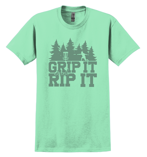 Mint green t-shirt with 'Grip It and Rip It' text and a disc golf graphic design 