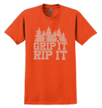 Orange t-shirt with 'Grip It and Rip It' text and a disc golf graphic design 