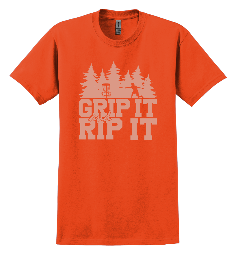 Orange t-shirt with 'Grip It and Rip It' text and a disc golf graphic design 