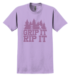 Purple t-shirt with 'Grip It and Rip It' text and a disc golf graphic design 