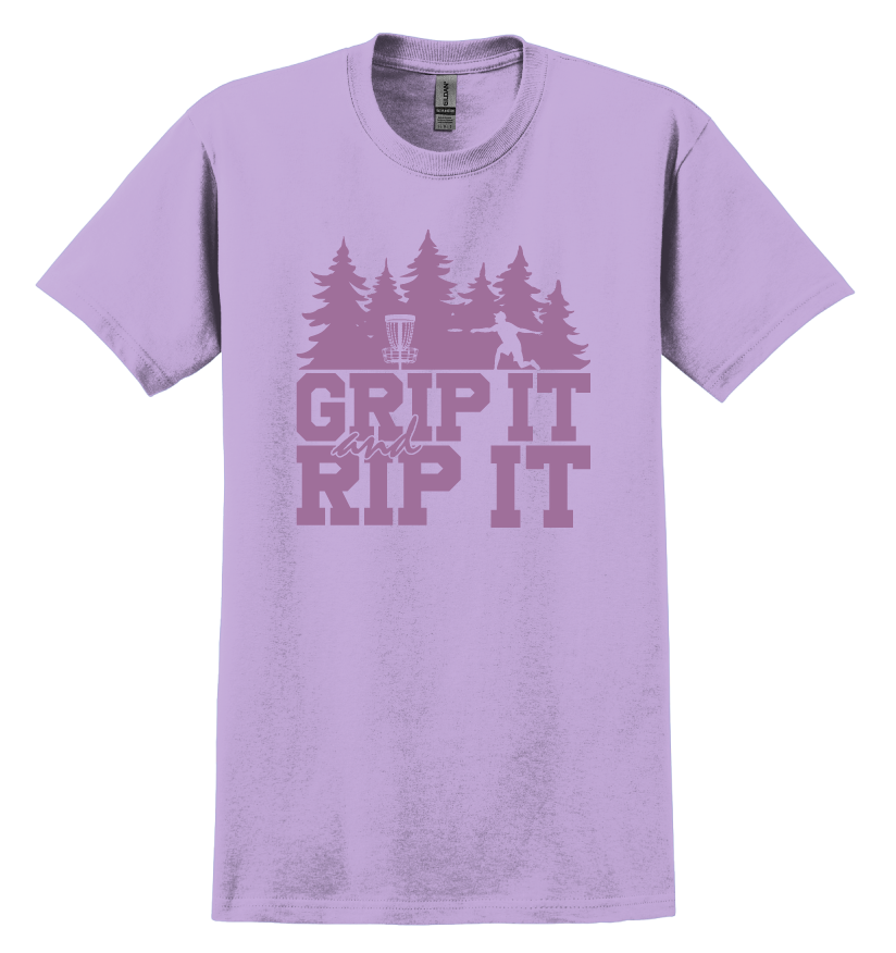 Purple t-shirt with 'Grip It and Rip It' text and a disc golf graphic design 