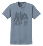 Blue t-shirt with 'Grip It and Rip It' text and a disc golf graphic design 