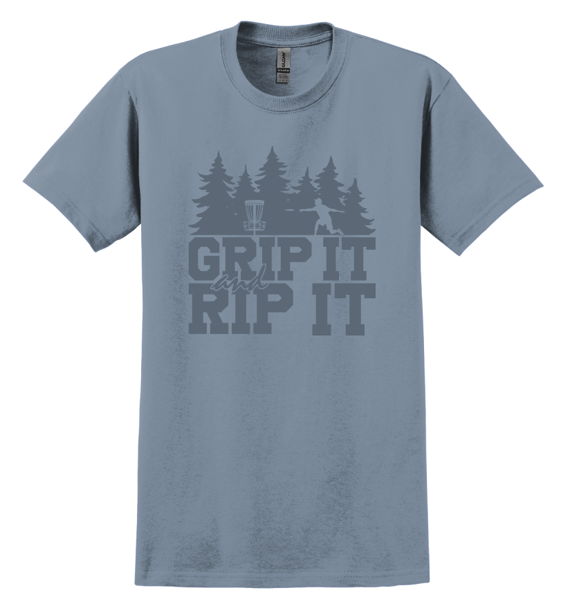 Blue t-shirt with 'Grip It and Rip It' text and a disc golf graphic design 