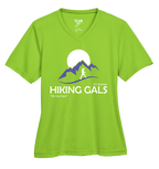 Acid Green t-shirt with 'Hiking Gals' graphic design