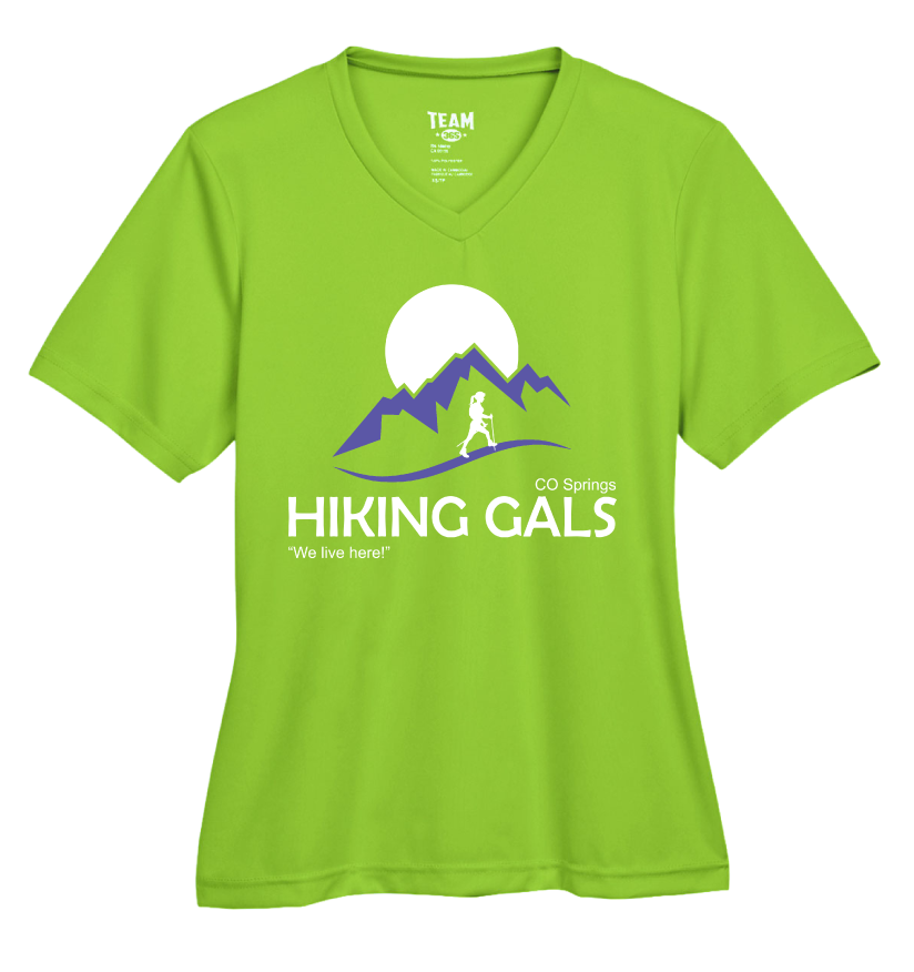 Acid Green t-shirt with 'Hiking Gals' graphic design