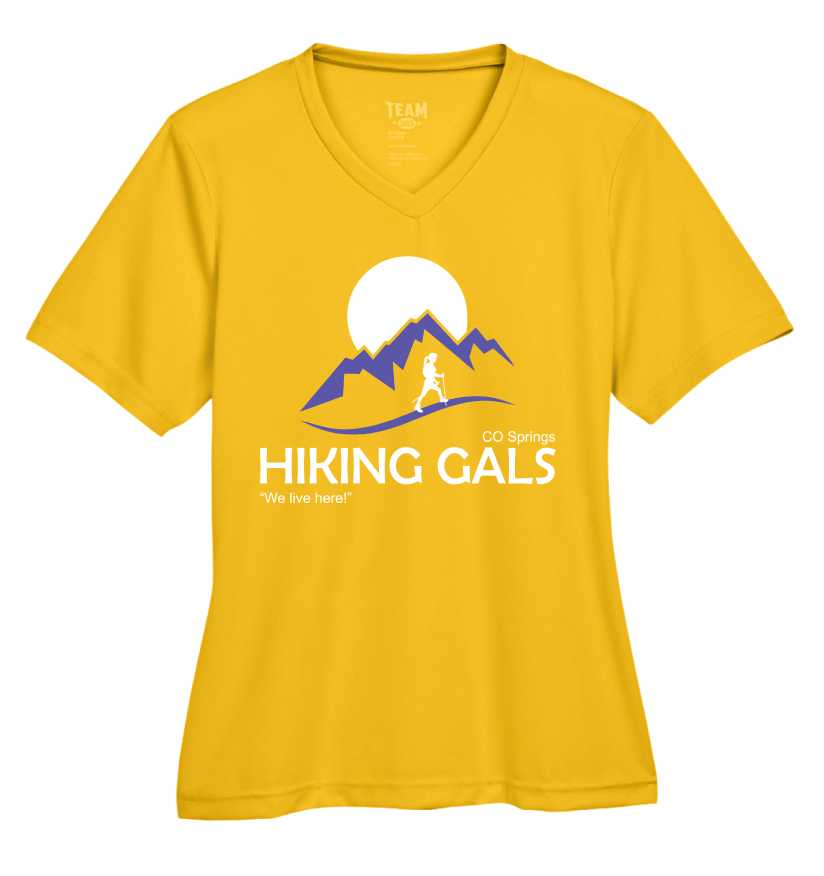Gold t-shirt with 'Hiking Gals' graphic design