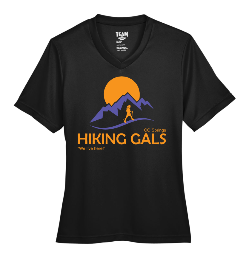 Black t-shirt with 'Hiking Gals' graphic design