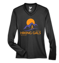 Black long-sleeve shirt with 'Hiking Gals' logo featuring a sunset and mountain design.