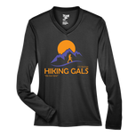 Black long-sleeve shirt with 'Hiking Gals' logo featuring a sunset and mountain design.