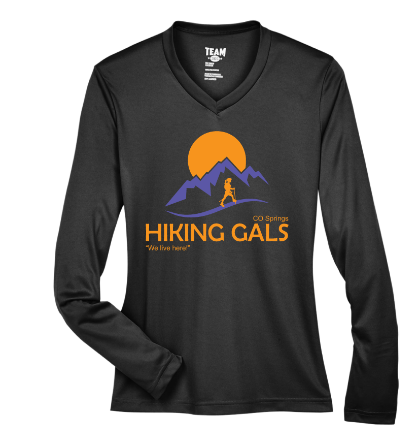 Black long-sleeve shirt with 'Hiking Gals' logo featuring a sunset and mountain design.