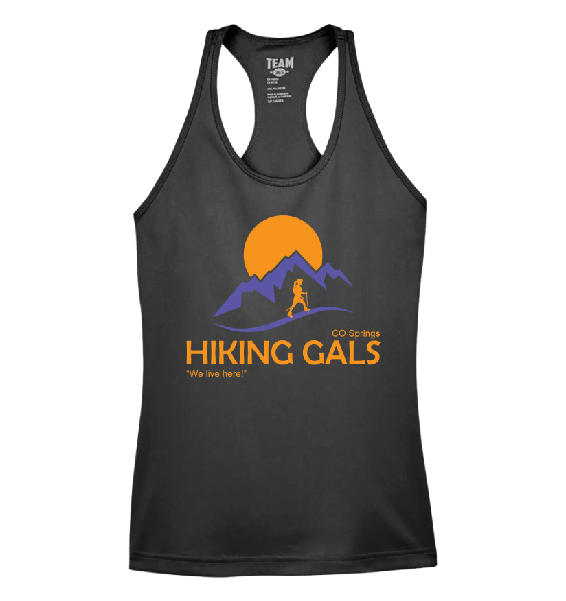 Black tank top with 'Hiking Gals' graphic design