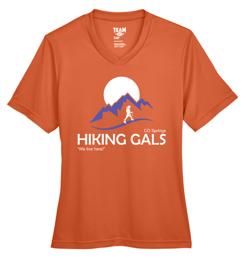 Orange t-shirt with 'Hiking Gals' graphic design