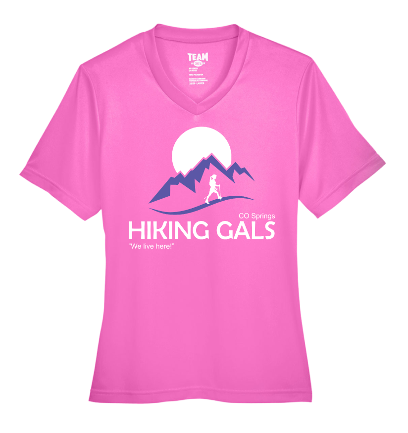 Pink t-shirt with 'Hiking Gals' logo and text