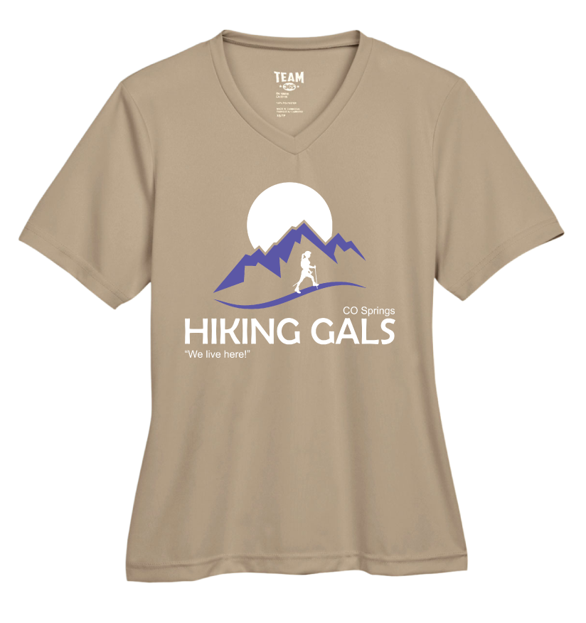 Beige t-shirt with 'Hiking Gals' graphic design