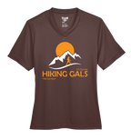 Brown t-shirt with 'Hiking Gals' logo featuring mountains and a sun