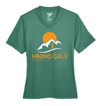 Green t-shirt with 'Hiking Gals' logo featuring a mountain and sun design