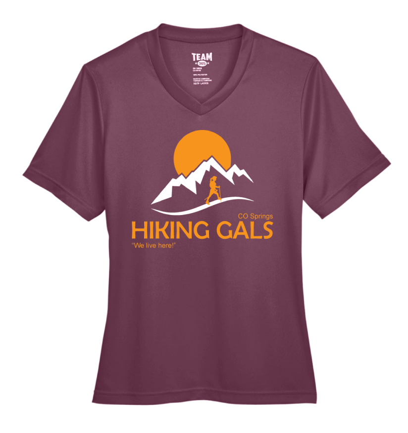 Maroon t-shirt with 'Hiking Gals' graphic design