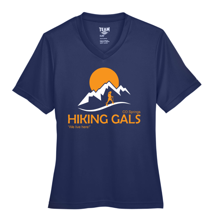 Navy blue t-shirt with 'Hiking Gals' graphic design