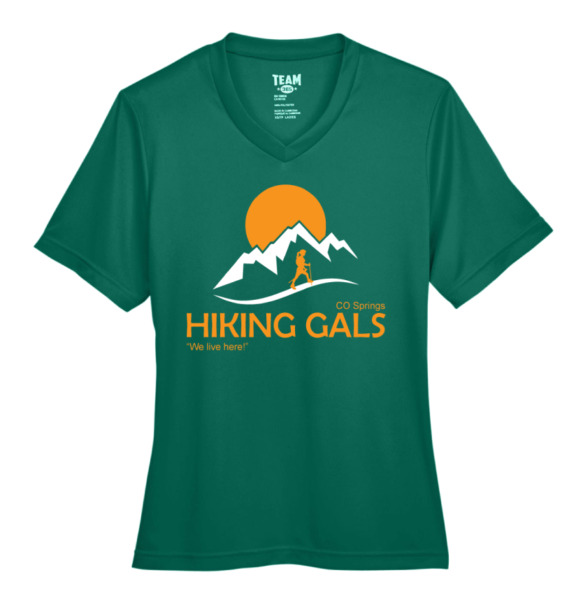 Green t-shirt with 'Hiking Gals' logo featuring mountains and a sun on a white background