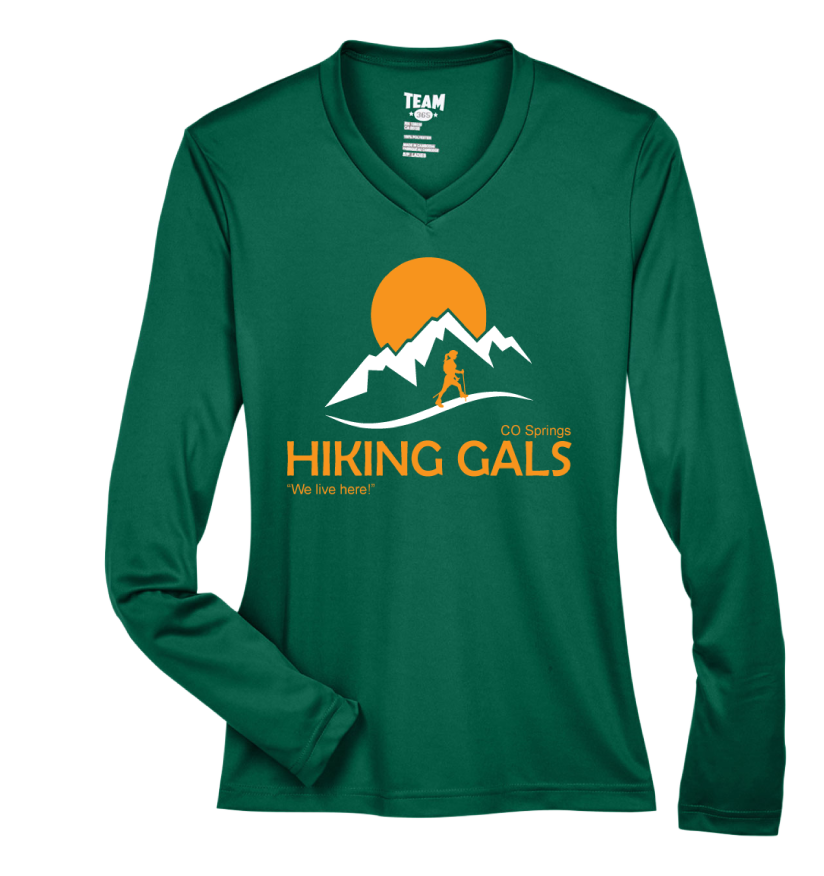 Green long-sleeve shirt with 'Hiking Gals' logo