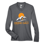 Gray long-sleeve shirt with 'Hiking Gals' logo featuring a mountain and sun design.