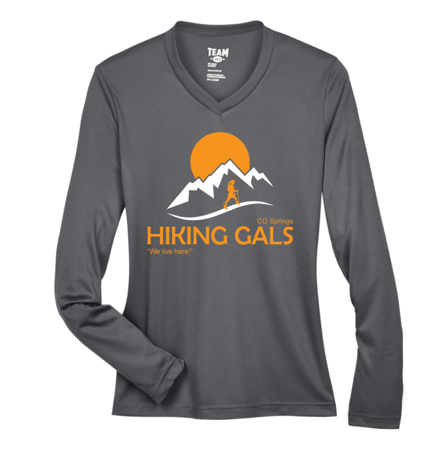 Gray long-sleeve shirt with 'Hiking Gals' logo featuring a mountain and sun design.