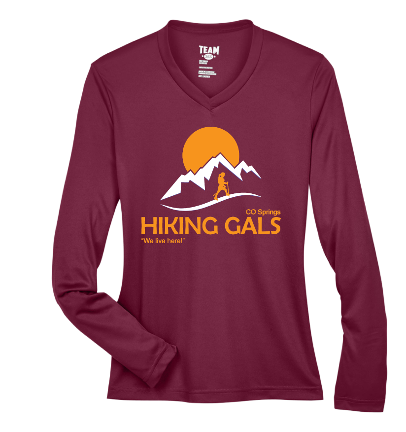 Maroon long-sleeve shirt with 'Hiking Gals' logo