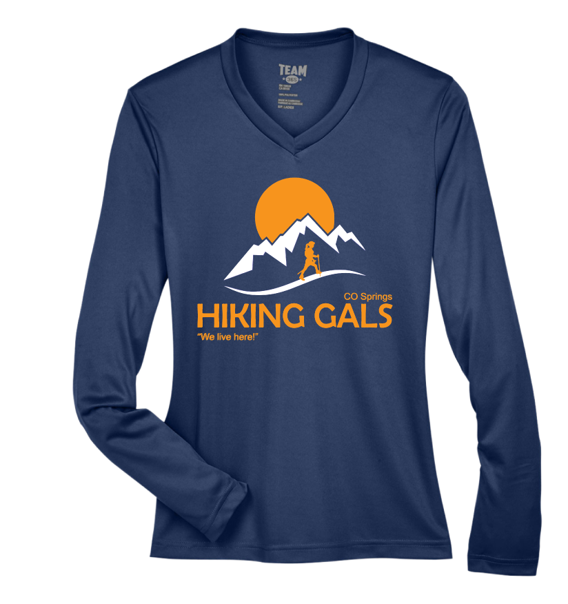 Navy blue long-sleeve shirt with 'Hiking Gals' logo