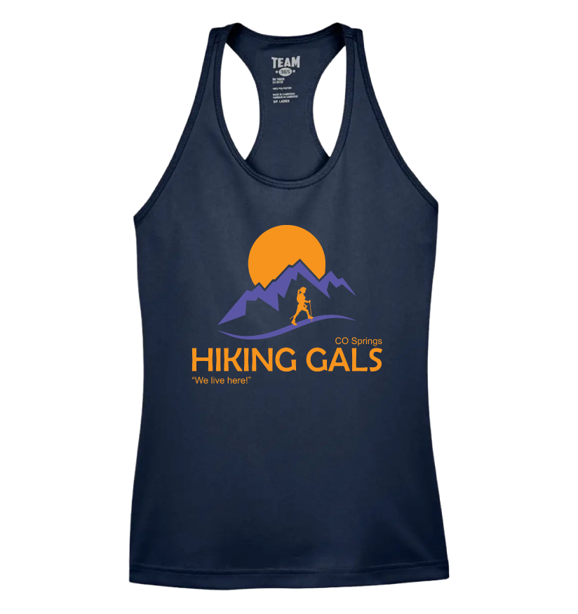 Navy tank top with 'Hiking Gals' logo 