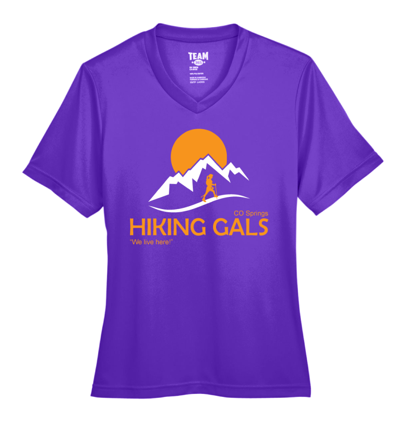 Purple t-shirt with 'Hiking Gals' graphic design