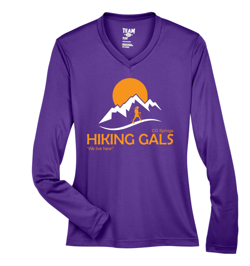 Purple long-sleeve shirt with 'Hiking Gals' logo
