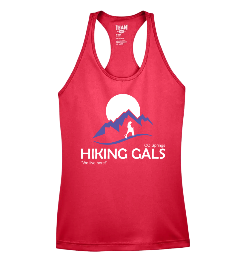 Red tank top with 'Hiking Gals' graphic