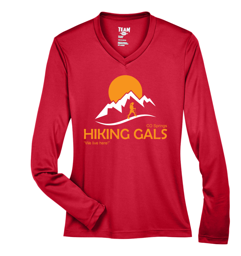 Red long-sleeve shirt with 'Hiking Gals' logo