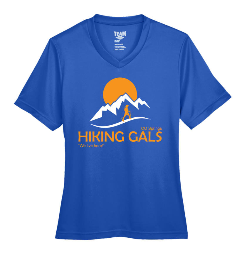 Blue t-shirt with 'Hiking Gals' graphic design