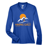 Blue long-sleeve shirt with 'Hiking Gals' logo