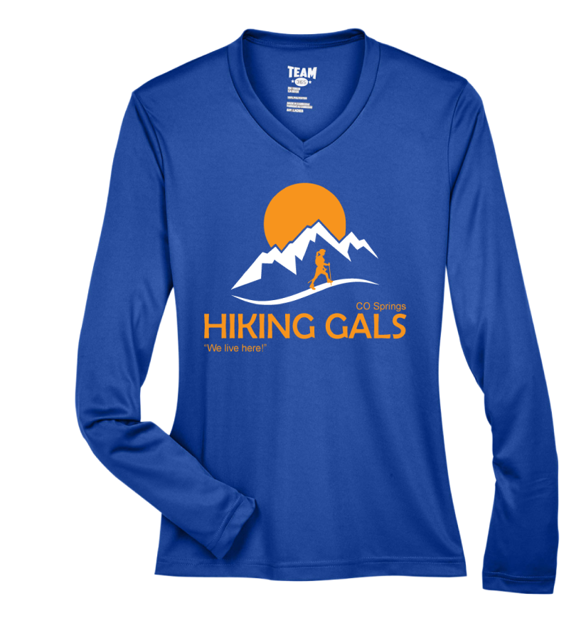 Blue long-sleeve shirt with 'Hiking Gals' logo