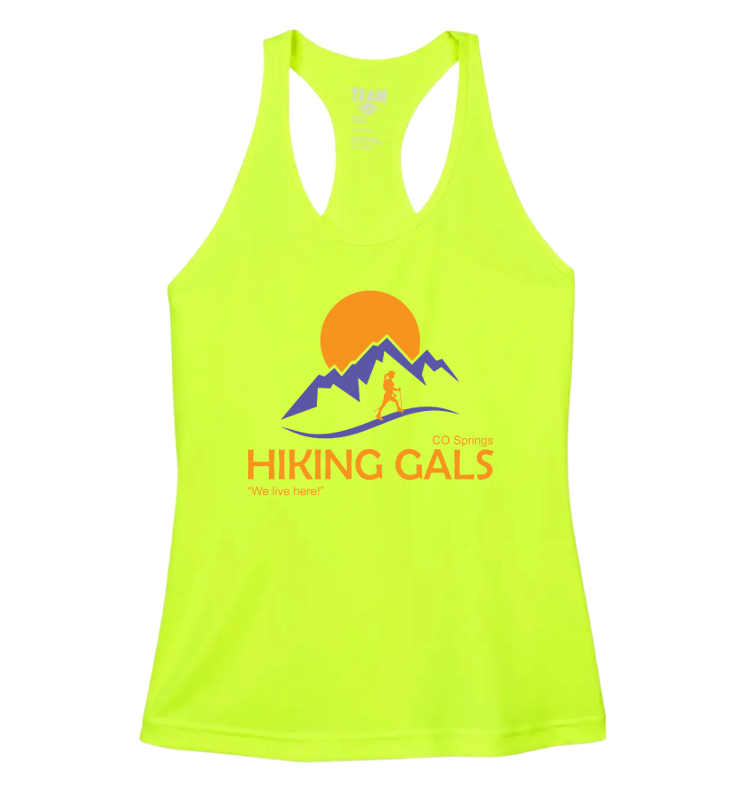 Yellow tank top with 'Hiking Gals' logo